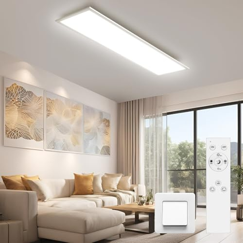 Omdekor Plafonnier LED Rectangulaire Variable 100x25cm, LED éclairage de plafond, Panneau plat avec télécommande, Ceiling Light Eclairage de plafond pour bureau atelier garage chambre cuisine