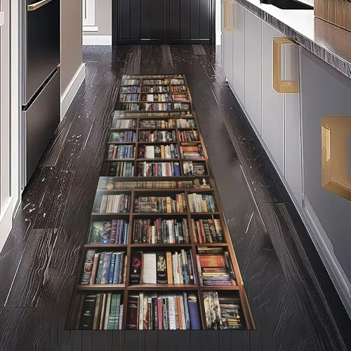 Gaqinhh Bücherregal Bücher Teppich Läufer Flur Küchenteppich Waschbar rutschfest 60x120 cm, Vintage Bibliothek Teppichläufer für Bettumrandung Schlafzimmer Küchenläufer Eingangsbereich