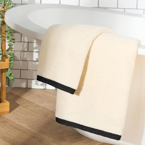 OHS Hand Towels for Bathroom, Ultra Soft 100% Cotton Highly Absorbent Quick-Dry Hotel Spa Quality Cream with Black Trim Bath Towels 2 Pack for Daily Use, 50x80cm