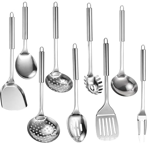 9 Pcs Kitchen Utensils Set, Heavy-Duty Food Grade Stainless Steel Spoon & Spatula Tools, High Temperature Resistant, Odorless, Non-Deformable, and Non-Staining, Quality for 20+ Years of Use