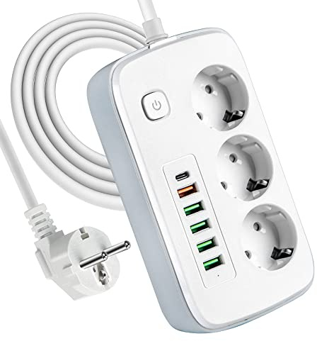 RNPKZ Steckdosenleiste mit USB, 3 Fach Mehrfachsteckdose mit Schalter, 9 in 1 USB Steckdosenleiste mit 3 AC Flacher Stecker, 5 USB Ladegerät & 1 Typ-C Anschlüsse, 2M Steckdosenadapter für Zuhause Büro