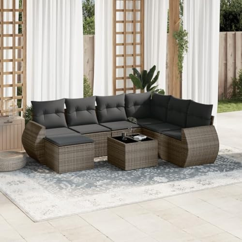 IBUQDDV 8-TLG. Garten-Sofagarnitur mit Kissen Grau Poly Rattan, Modulares Design mit Abnehmbaren Bezügen und Glas Tischplatte für Terrasse Dieser Titel erfüllt alle Anforderungen: