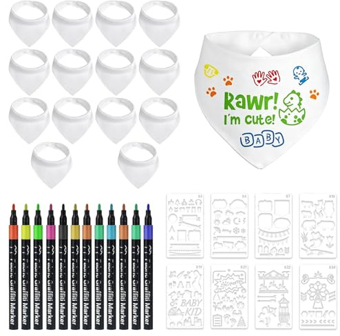 14 Stück Baby Lätzchen zum Bemalen, Babylätzchen Baumwolle, Lätzchen Weiß Lätzchen mit 12 Farbigem Farbigem Textilstiften und 8 Malen Schablonen Baby Shower Spiele für Babys Junge Mädchen Babyshower