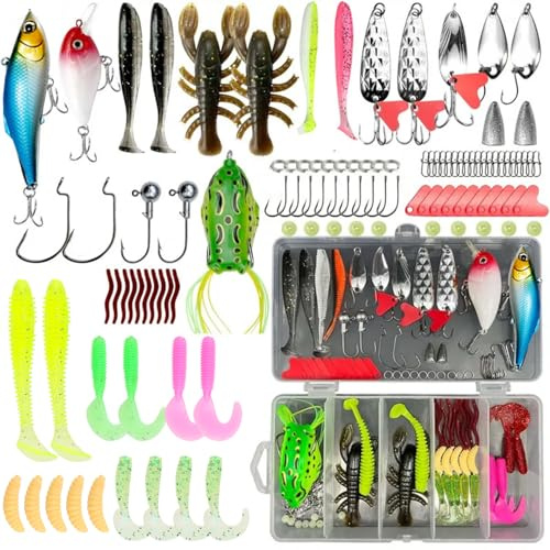104 Teilig Angelköder Set, Angelzubehör mit Wobbler, Gummifischen & Spinner | Kunstköder Set mit Blinkern, Jigköpfen, Haken und Wirbeln in Köderbox für Hecht, Zander, Barsch und Forelle