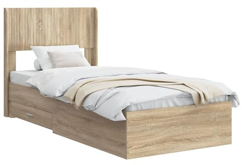vidaXL Bettgestell mit Stauraum und Kopfteil Sonoma-Eiche 75 x 190 cm, Moderner rechteckiger Bettrahmen, stylisches Möbel, platzsparender Stauraum, Lattenrost-Design für Schlafzimmer