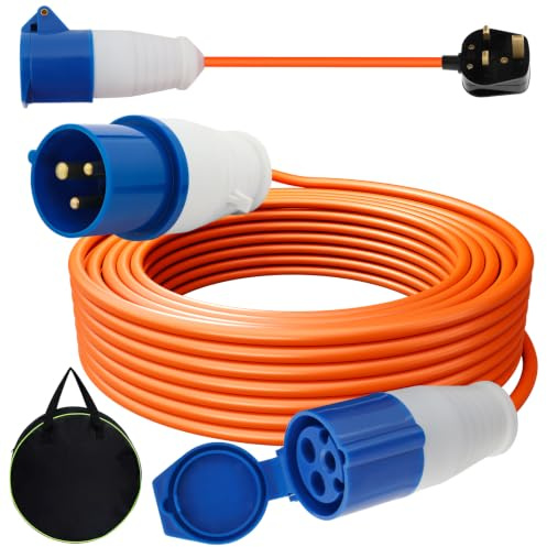 LIKEEM 25M Caravan Hook Up Cable Kit, 16A 240V Heavy Duty Extension Lead with 0.4M 3-Pin UK Plug Adapter, IP44 Waterproof Outdoor Cable for Campervans, Motorhomes & Caravans
