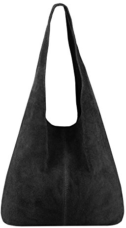 OBC Made in Italy Sac à main en cuir pour femme Argenté, noir (daim), ca.: 43x32x17 cm (BxHxT)