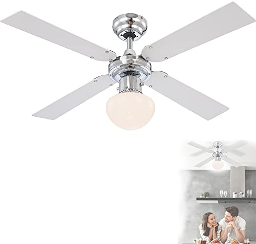 Deckenventilator mit Beleuchtung und Zugschalter Leise - Ventilator Decke mit Licht - 4 Flügel Beidseitig Montierbar - Deckenlampe mit Lüfter Schlafzimmer 3 Stufen - Durchmesser 105 cm
