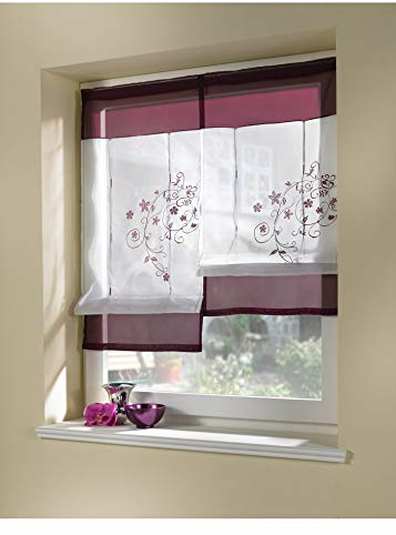 Yaland Voile Raffrollo transparentes Bändchenrollo mit verspielter Blumen Stickerei Raffgardine mit Stangendurchzug (BxH 100x140cm, lila) 1 Stück
