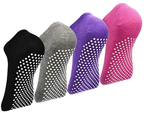 Yoga Socken Anti-Rutsch Socken - 4 Paar Pilate Trampolin Ballett Socken for Damen Herren Grau+Lila+Schwarz+Pink 44-46