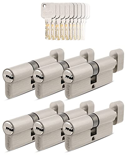 GERCAR Pro Gleichschließend 6 Knaufzylinder 30/30 Set 6x Schließzylinder mit Knauf inkl. 30 Schlüssel - 60 mm Türschloss Zylinderschloss 6er Zylinder - Länge: 60mm, A:30 B:30 - Messing matt massiv
