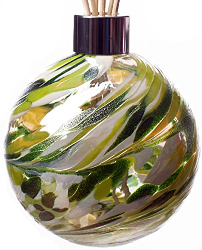 Amelia Art Glass Reed Diffuser Sphere in Green & White, 11.5cm and with reeds height 27cm