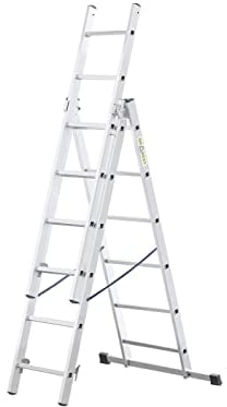 DRABEST - Home - Aluminium-Leiter - 3x8 Sprossen - Max. 4,02 m lang - Max. Arbeitshöhe 4,97 m - bis 150 kg - 3-teilig - Mehrzweck-, Steh-, Auszieh- Klappleiter - rutschfest - Verstellbar
