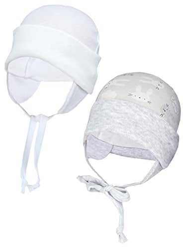 TupTam Baby Erstlingsmütze mit Ohrenklappen 2er Pack, Farbe: Kaninchen Grau/Weiß, Größe: 50-56