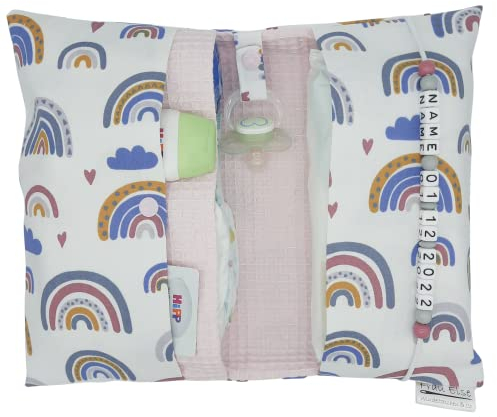 Große Windeltasche für unterwegs mit Namen personalisiert - für Mädchen - Wickeltasche mit Waffelpique - Regenbogen weiß rosa