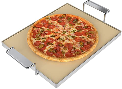 GriHero Pizzastein mit Gestell Backstein Eckig für Backofen, Holzkohlegrill & Gasgrill, Brotbackstein für Flammkuchen und Pizza, 38 X 30 cm Pizzastein für Weber Gourmet BBQ System, KamadoJoe