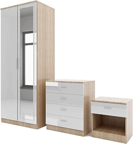 PALAKLOT High Gloss Bedroom Furniture Set – 3-Piece Set with Wardrobe, 4-Drawer Chest, and Bedside Cabinet – Stylish Storage Solution for Modern Bedrooms – Soft Close Doors (White with Oak)