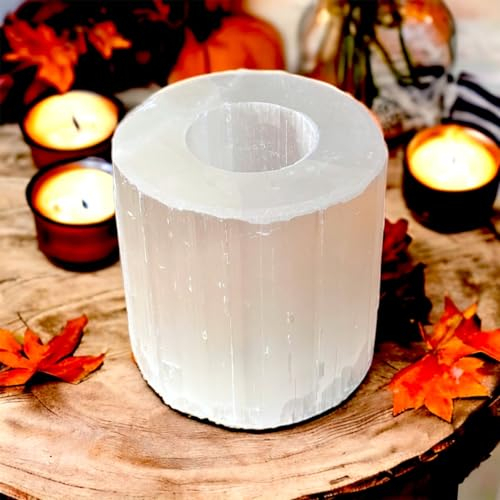 Weißer Selenit Kristall Runder Teelichthalter-Kerzenhalter, Perfekt für Meditation, Heilung, Yoga, Ausgleich negativer Energie, Tischdekoration, Spirituelle Harmonie, Wellness Ritual (10cm)