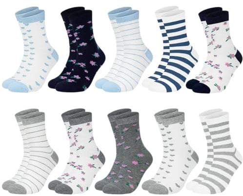 Chalier Cozy 10 Paar Damen Socken Baumwolle mit bunten Streifen, Punkte und Herzen - Bequeme Alltagssocken, ideale Geschenke für Frauen. Einheitsgröße (emischte Farbe 4)
