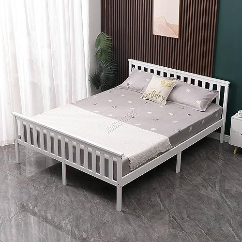 WestWood Double Bed Solid Pine Frame Headboard Durable Shaker Style With Footboard Wooden Platform With Wood Slat Support Bedroom Furniture Strong Support Legs Adults Kids Teenagers White