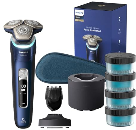 Philips Shaver Series 9000 – Elektrischer Nass-und Trockenrasierer für Männer in Blau mit Lift and Cut System, SkinIQ Technologie, ausklappbarem Trimmer, Ladestation und Reisetasche (Modell S9980/74)