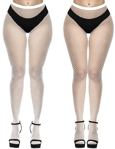 Clundoo Medias de Rejilla Mujer, 2 Pares Sexy Elástico, Cintura Alta Pantimedias para Halloween Fiesta de Carnaval Blanco