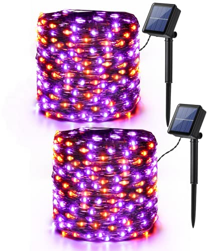 PhilzOps Halloween Decoración Naranja Púrpura, 2 Paquete 14M 120 LED Guirnalda Solares Exterior Jardín Impermeable 8 Modos Luces de Hadas Navidad para Otoño Patio Terraza Fiesta Acción de Gracias