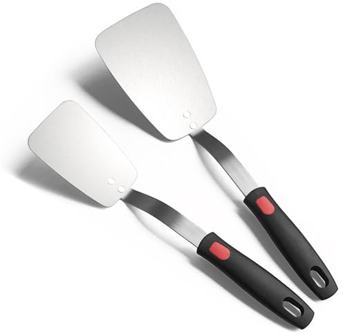 Stainless Steel Flexible Spatula Turner Set, XiaoZu Thin Metal Solid Spatulas for Cast Iron Skillet, Thin Blade & Heat Resistant Silicone Handle, Great for Egg, Cookie, Meat, Crep, 2-Pack, Large & Mid