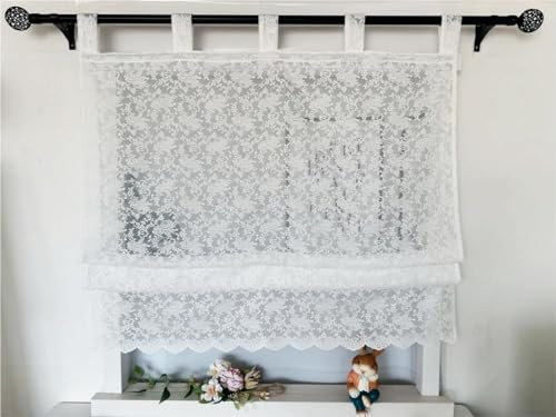 Vordesack Jacquard Raffrollo mit Blumen Muster Landhausstil weiße Spitzenoptik mit gebogten Abschluss Raffgardine mit Schlaufen 1 Stück HxB 140x40cm