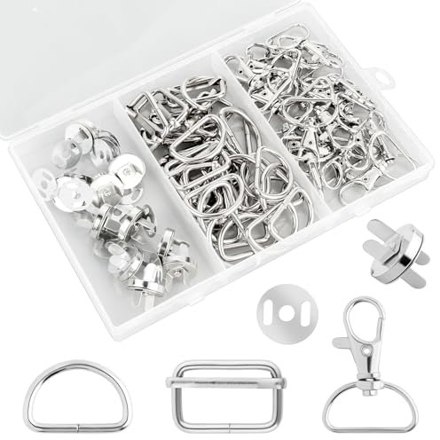 80 Piezas Hebillas para Bolsos(con Anillo en D, Hebilla Cuadrada, Hebilla Magnética, Disco de Hebilla Magnética), Mosquetones para Bolsos, Hebillas Metalicas para Collar Perro, Correa, Mochilas