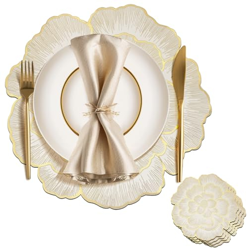 Tischsets 4er Set Platzsets Rund Gold Hitzebeständige 38cm Platzdeckchen Blumen Abwaschbar rutschfest Platzteller für Party Hochzeit Restaurant Weihnachtstag