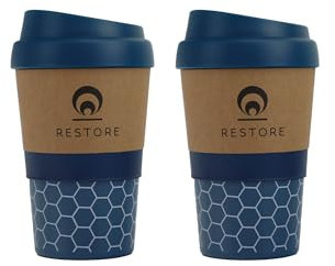 Restore Coffee Cup Travel Mug, Renew 320ml Multi Coloured Pack Reuseable Polypropylene Silicone Grip Leakproof BPA Free Beverage Cup, Fits Standard Cup Holders (2 Pack Navy)