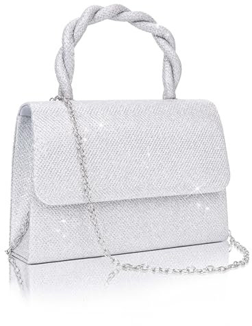 Larcenciel Pochette Donna, Borsa Argento con Manico in Corda Ritorta, Lucide Paillettes Borsa da Sera con Catena Rimovibile, Elegante Borsa Tracolla Donna per Feste, Matrimoni, Cerimonia, 20×6×14cm