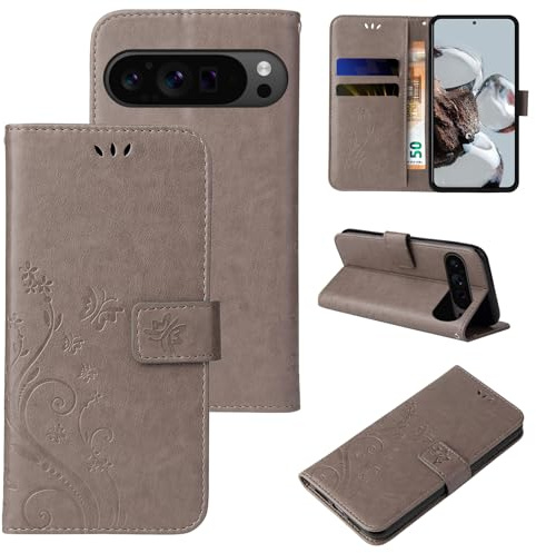 LBH Handy Hülle für Google Pixel 9 Pro XL Case Handytasche Schmetterling Blumen Flower Standfunktion Schutzhülle Magnet Rundum Schutz 360 Grad Flipcase Cover Grau
