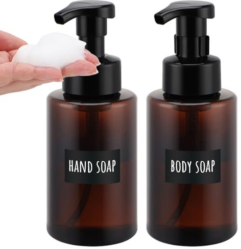 Segbeauty Dispenser Sapone Schiuma, 2 Pezzi 400ml Dispenser Shampoo e Bagnoschiuma, Dispenser Schiuma Vuote, Dosatore Shampoo con Etichetta, Accessori Bagno Moderni (Marrone)