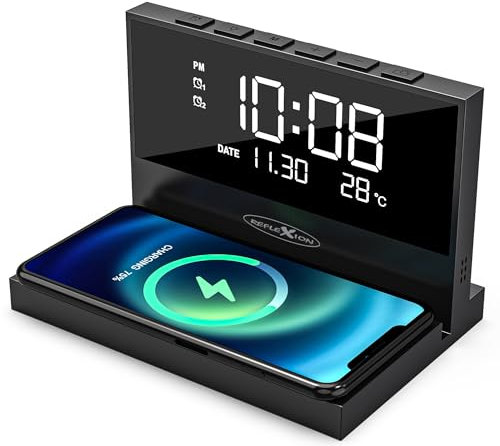 Reflexion ACW2188 Wireless Charger, Smartphone Ladestation, Wecker mit kabellosem Ladegerät, Großes Display für Uhrzeit, Datum und Temperatur, 2 Weckzeiten, Nachtlicht, USB Ladefunktion