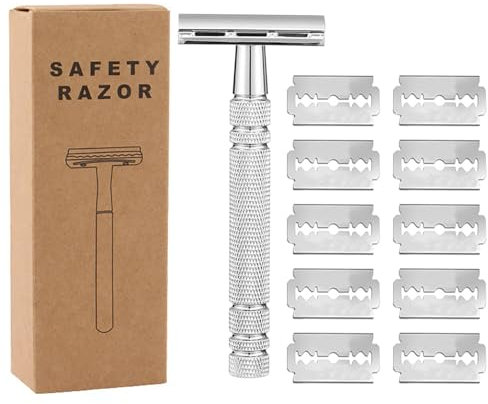 YPYMOD Rasierer Herren, Nassrasierer Herren, Handrasierer, 2-Seitigem Klingenkopf Safety Razor, Aus Edelstahl 10 Rasierklingen(Silber)