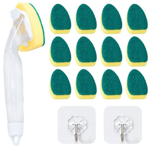 1 Stück Langstielige Topfbürste Mit 12 Schwammköpfen, 2 Stück Transparente Haken, Küchenreinigungsschwammbürste, Geschirrspülbürste Mit Spülmittelspender, Schwammreinigungswerkzeug