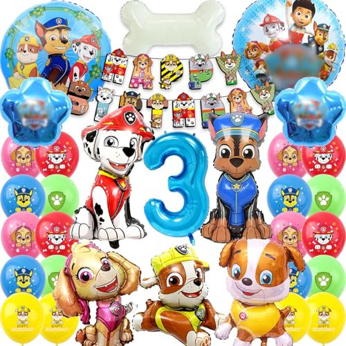 Sylphlikeoniric 32 Stü für Paw Dog Patrol Thema Geburtstag Set,3 Jahre Folienballon Geburtstag Dog,Kindergeburtstag Deko HAPPY BIRTHDAY Banner für Paw Dog Patrol(Dog Party Deko Supplies 3 Jahre)