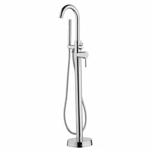 Grifo independiente para bañera, grifo de pie independiente de cobre y acero inoxidable giratorio 360°, montaje en suelo con ducha de mano para bañera, bañera independiente (plata)