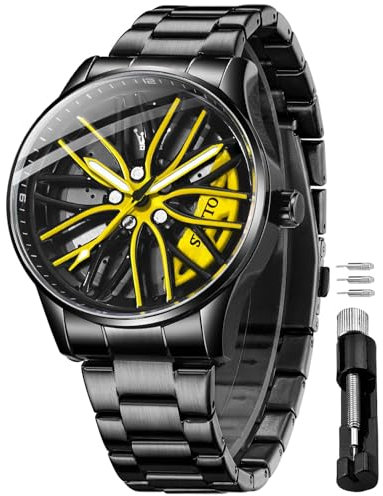 OLEVS Herrenuhren für Herren, Skelett-Quarz, Rennauto, Rad, Edelstahl, lässig, Sport, wasserdicht, leuchtende Herrenuhren, 9937: schwarzes Armband und gelbes Zifferblatt