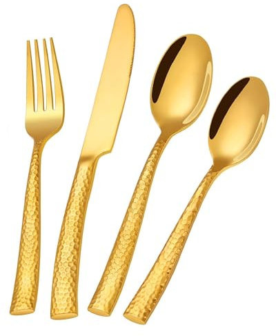 SHEUMNT Gold Gehämmertes Besteckset, 24-teiliges Hochleistungs-Besteckset aus Edelstahl für 6 Personen, Besteckset in Lebensmittelqualität, Spiegelutensiliensets für das Restaurant zu Hause
