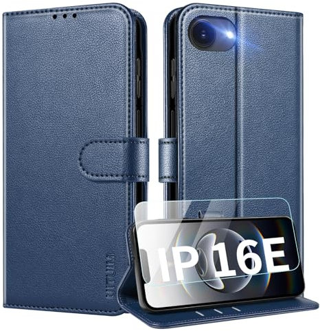 UITUIM Coque pour iPhone 16e Coque Etui Portefeuille Cuir avec Verre Trempé Protection Écran Porte Carte Rabat Clapet Flip Case Étui Cover Housse Etui Coque pour iPhone 16e,Bleu