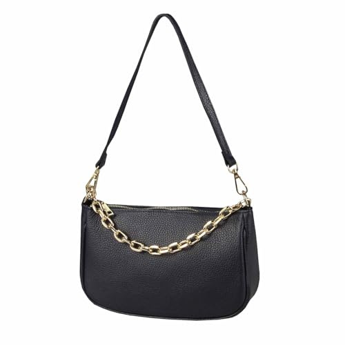 Made in Italy Damen Leder Tasche Pochette mit Kette Schultertasche Handtasche City Bag Umhängetasche Clutch Ledertasche Bodybag Schmucktasche Crossbody Cross-Over Dunkelblau