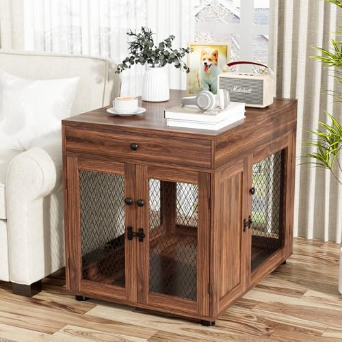 VOWNER Hundekäfig Möbel Indoor, 3 Türen Holz Hundebox mit Schublade, Moderne Hundehütte als Beistelltisch, 60 x 80 x 69 cm für kleine/mittelgroße Hunde Zuhause unter 30 kg, Walnussbraun