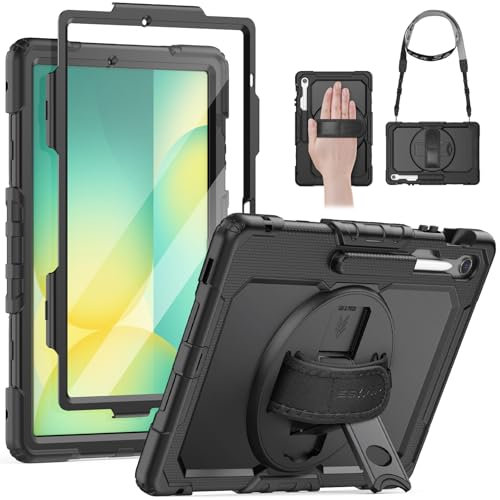 SEYMAC Case for Samsung Galaxy Tab S10 FE+ Plus 13.1 inch 2025 Case SM-X620 X626 X626B Shockproof with Pen Holder, Screen Protector, 360 Rotating Stand Hand Strap and Adjustable Shoulder Strap, Black