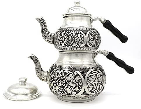 Copper Turkish Teapot, Tea Kettle Set, Tea Maker with Handle, 2 Self-Strained Tea Kettle, for Induction and Stovetop, 1.7L+0.85L