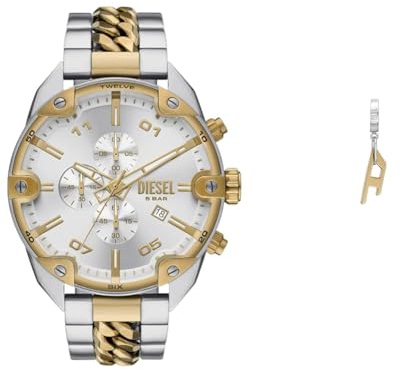 Diesel Herren Spiked Zweifarbige Edelstahl Uhr und Goldfarbene Ohrringe, Set
