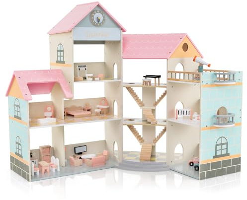 COSTWAY Puppenhaus Holz, Dollhouse 94 cm Hoch mit 41 Möbelstücken und Zubehör, Puppenvilla mit 6 Zimmern & Terrasse & Garage, Puppenstube Geschenk für Kinder ab 3 Jahren