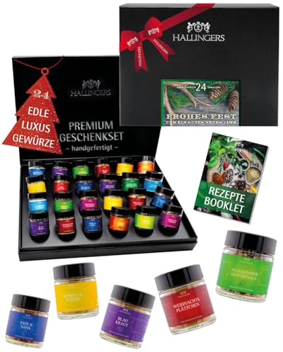 Hallingers Genuss Manufaktur Gewürz Weihnachts-Geschenk-Set - 24 Gewürze aus aller Welt in wertiger Geschenkbox mit Rezept-Booklet Frohes Fest, Weihnachten für Jäger